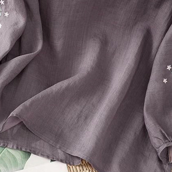 Camiseta informal de lino y algodón con bordado de flores y hojas de Buddha Stones para mujer, cuello redondo, manga tres cuartos - image 2