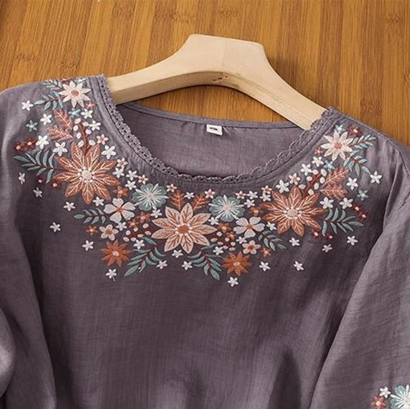 Camiseta de manga tres cuartos con cuello redondo y bordado de flores y Buddha Stones para mujer. - image 1