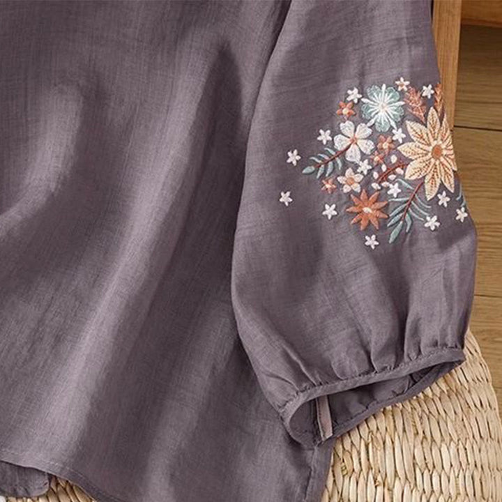 Camiseta de manga tres cuartos con cuello redondo y bordado de flores y Buddha Stones para mujer. - image 3