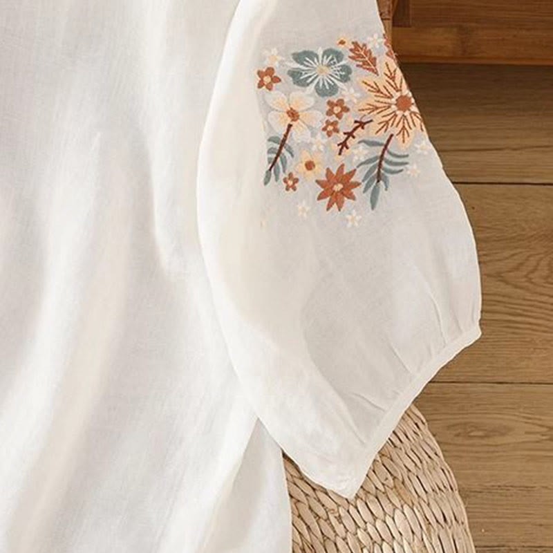 Camiseta informal de lino y algodón con bordado de flores y hojas de Buddha Stones para mujer, cuello redondo, manga tres cuartos - image 9