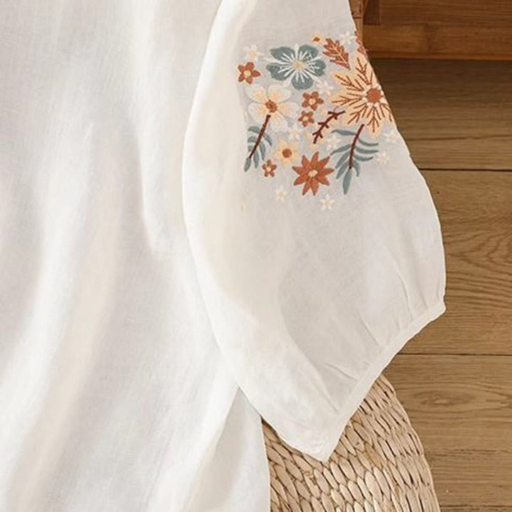 Camiseta informal de lino y algodón con bordado de flores y hojas de Buddha Stones para mujer, cuello redondo, manga tres cuartos - image 9