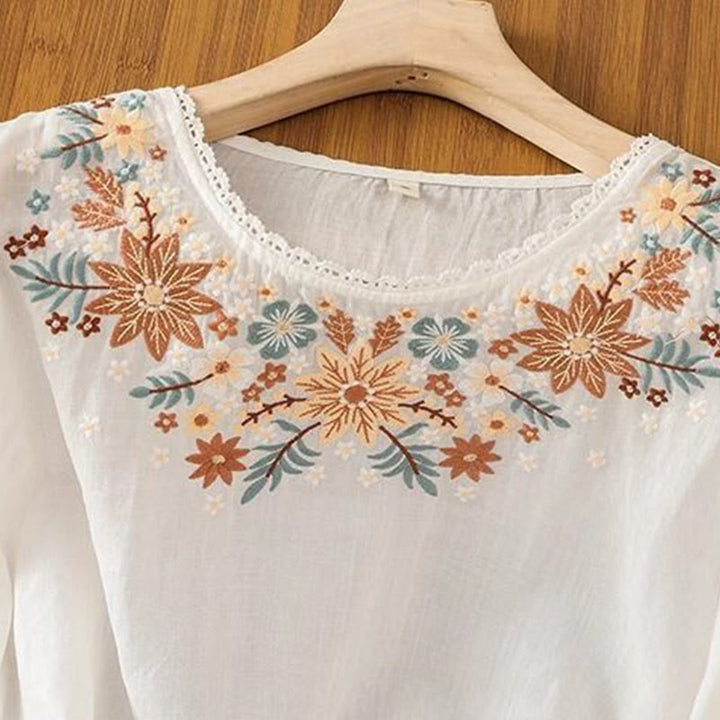 Camiseta de manga tres cuartos con cuello redondo y bordado de flores y Buddha Stones para mujer. - image 6