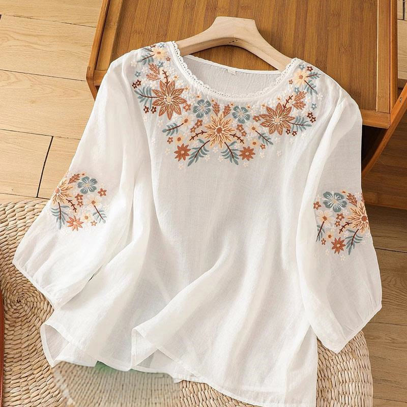 Camiseta informal de lino y algodón con bordado de flores y hojas de Buddha Stones para mujer, cuello redondo, manga tres cuartos - Nieve - US12, UK/AU16, EU44 (3XL) - image 5