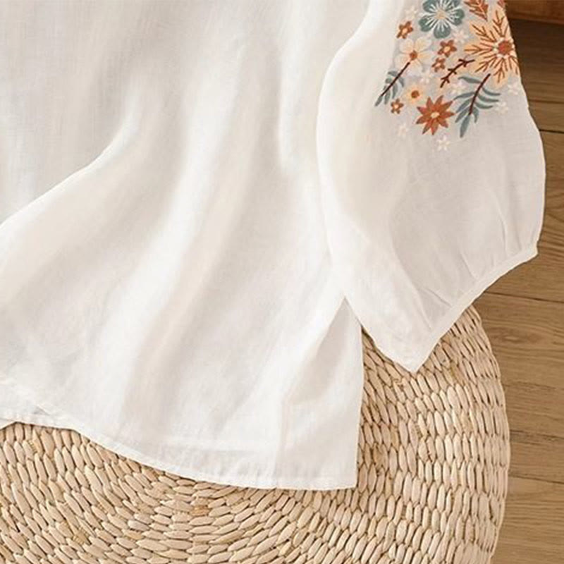 Camiseta informal de lino y algodón con bordado de flores y hojas de Buddha Stones para mujer, cuello redondo, manga tres cuartos - image 10