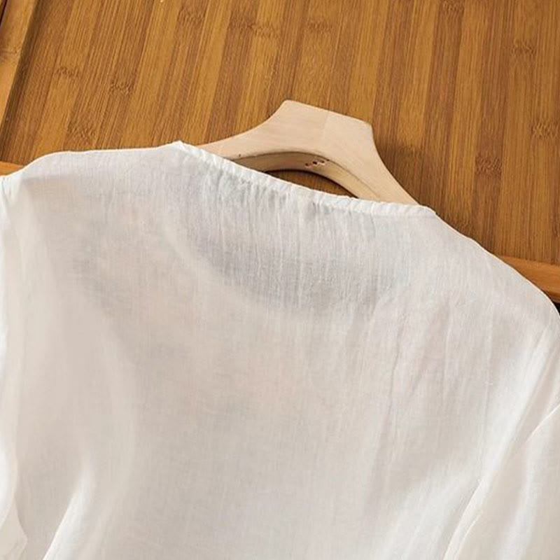 Camiseta informal de lino y algodón con bordado de flores y hojas de Buddha Stones para mujer, cuello redondo, manga tres cuartos - image 8