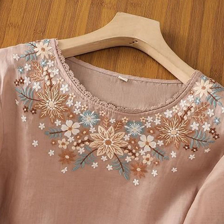 Camiseta informal de lino y algodón con bordado de flores y hojas de Buddha Stones para mujer, cuello redondo, manga tres cuartos - image 13