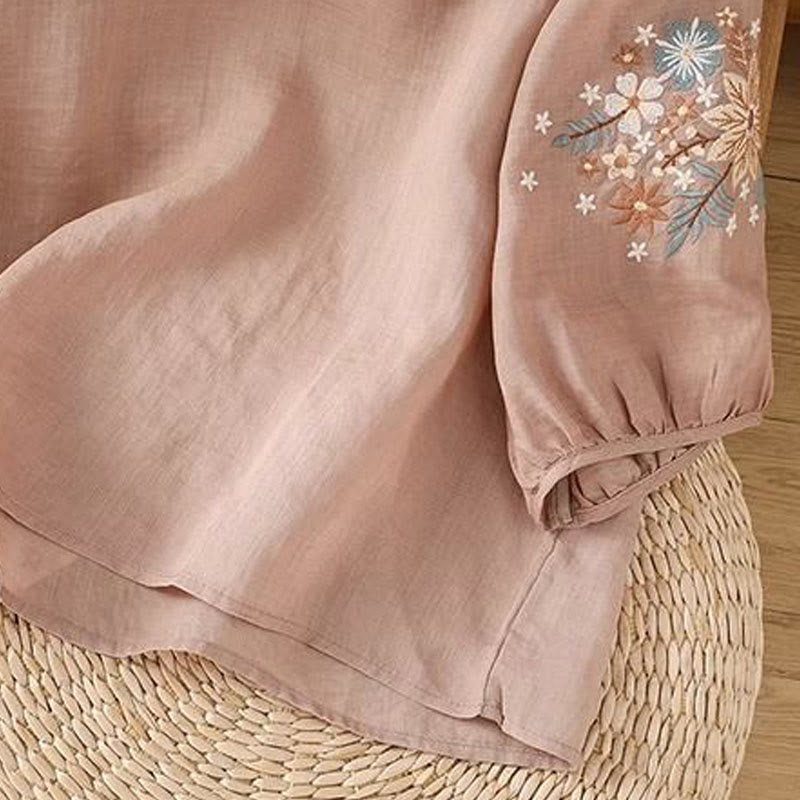 Camiseta informal de lino y algodón con bordado de flores y hojas de Buddha Stones para mujer, cuello redondo, manga tres cuartos - image 16