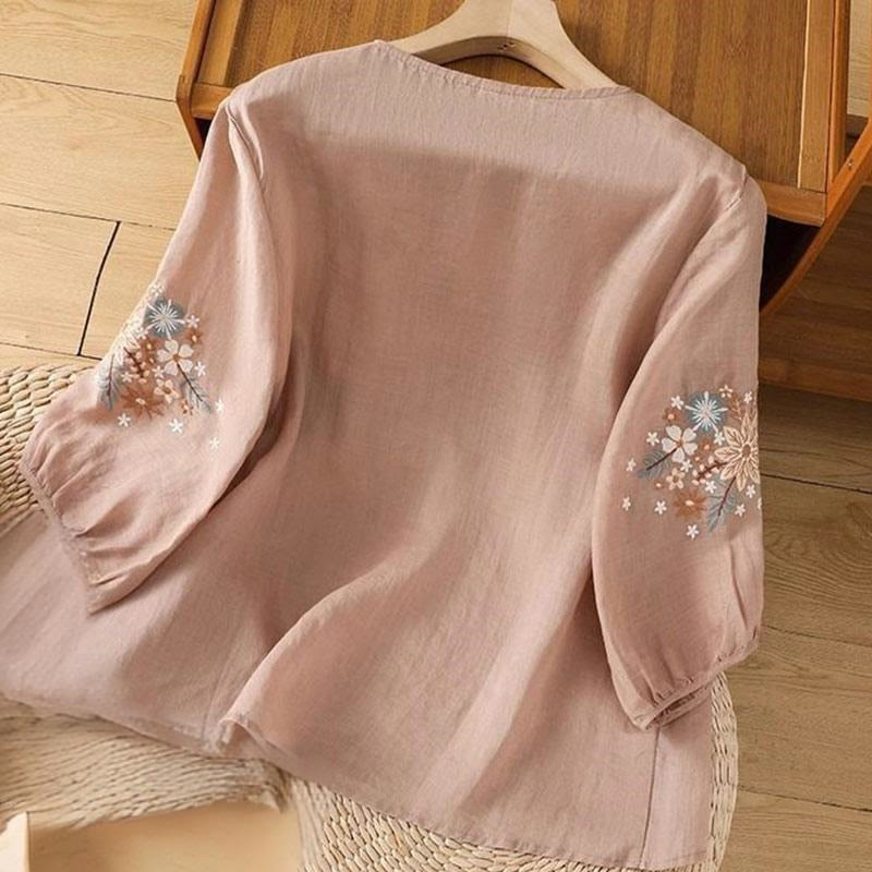 Camiseta de manga tres cuartos con cuello redondo y bordado de flores y Buddha Stones para mujer. - image 12
