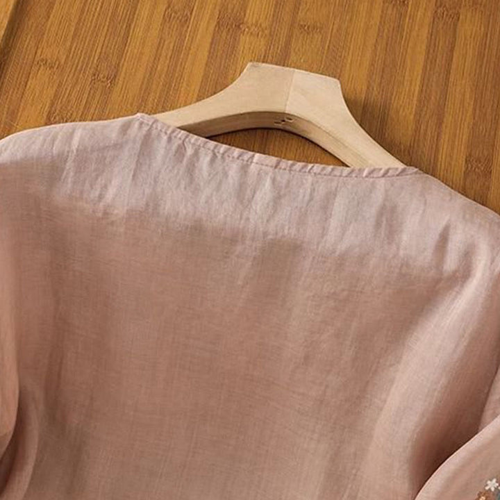 Camiseta informal de lino y algodón con bordado de flores y hojas de Buddha Stones para mujer, cuello redondo, manga tres cuartos - image 14