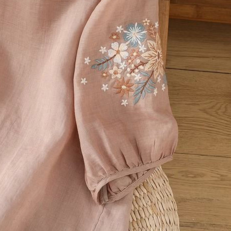 Camiseta informal de lino y algodón con bordado de flores y hojas de Buddha Stones para mujer, cuello redondo, manga tres cuartos - image 15