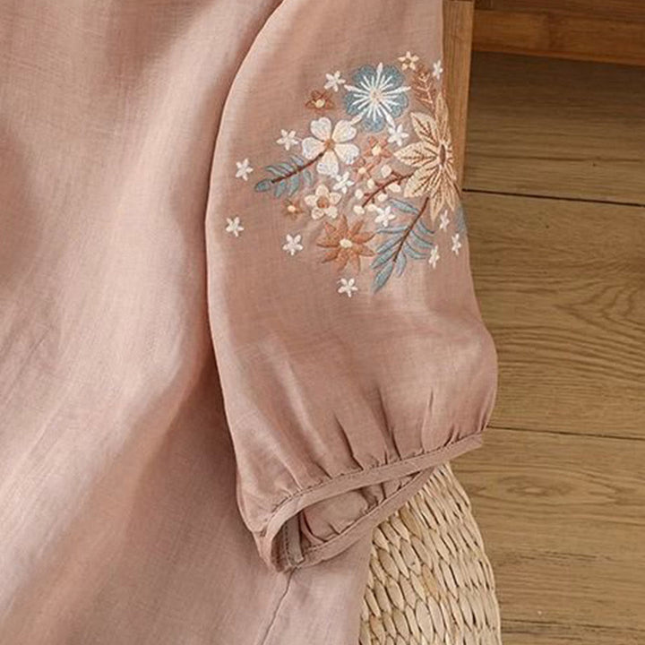 Camiseta informal de lino y algodón con bordado de flores y hojas de Buddha Stones para mujer, cuello redondo, manga tres cuartos - image 15