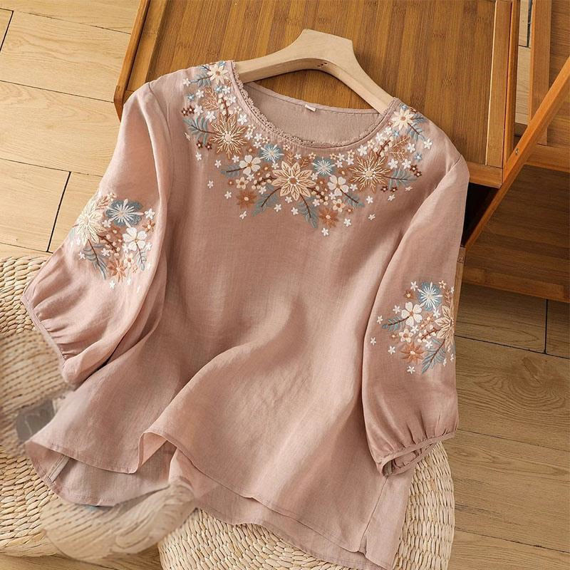 Camiseta informal de lino y algodón con bordado de flores y hojas de Buddha Stones para mujer, cuello redondo, manga tres cuartos - Salmón oscuro - US12, UK/AU16, EU44 (3XL) - image 11