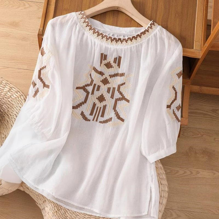 Camiseta informal de licra con bordado simétrico de Buddha Stones para mujer, cuello redondo, manga corta