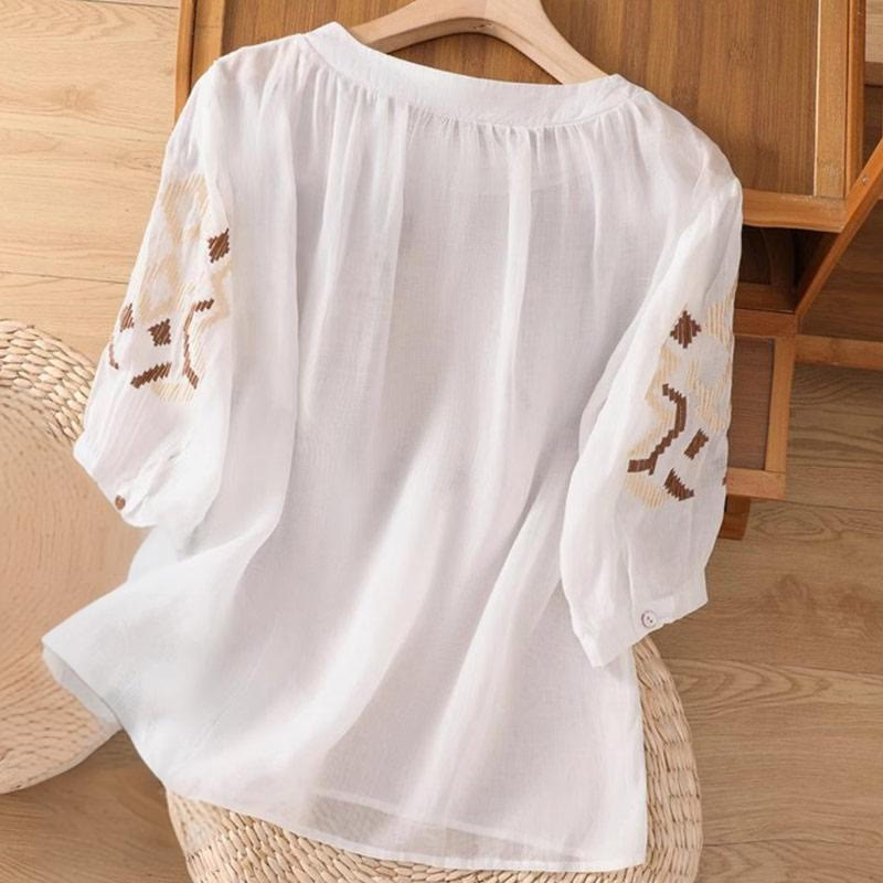 Camiseta informal de licra con bordado simétrico de Buddha Stones para mujer, cuello redondo, manga corta
