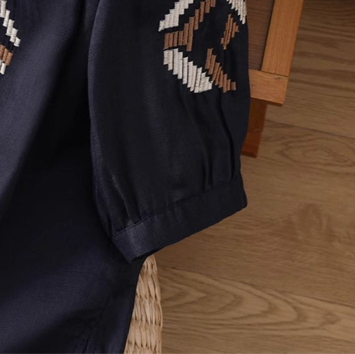 Camiseta informal de licra con bordado simétrico de Buddha Stones para mujer, cuello redondo, manga corta - image 10