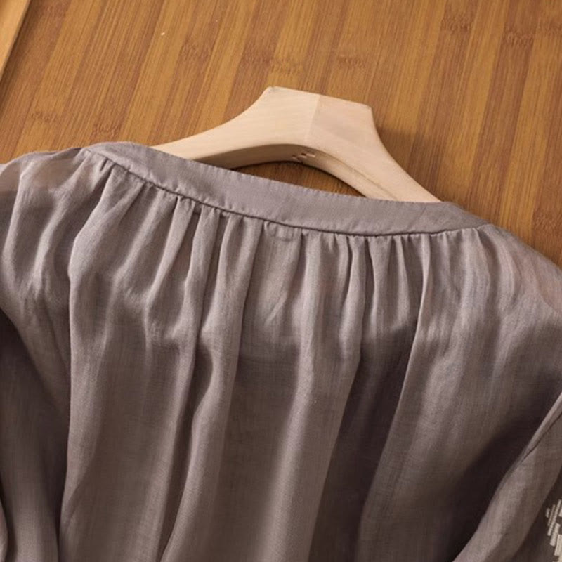 Camiseta informal de licra con bordado simétrico de Buddha Stones para mujer, cuello redondo, manga corta - image 17