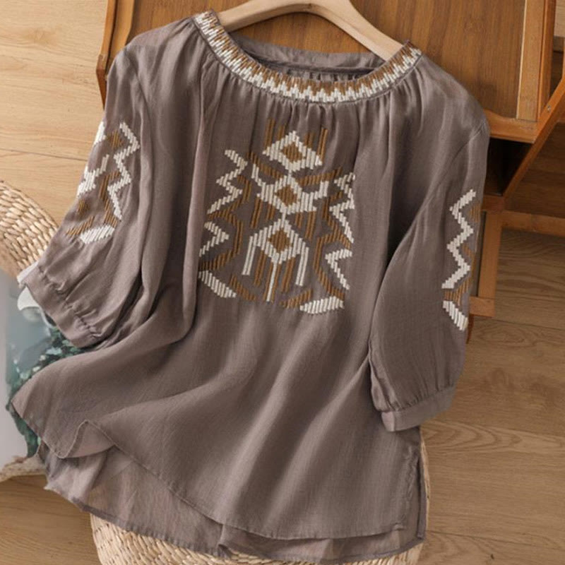 Camiseta informal de licra con bordado simétrico de Buddha Stones para mujer, cuello redondo, manga corta