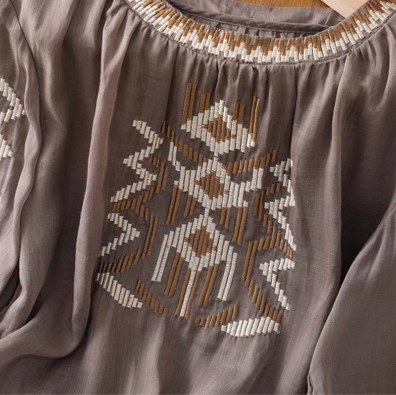 Camiseta informal de licra con bordado simétrico de Buddha Stones para mujer, cuello redondo, manga corta - image 16