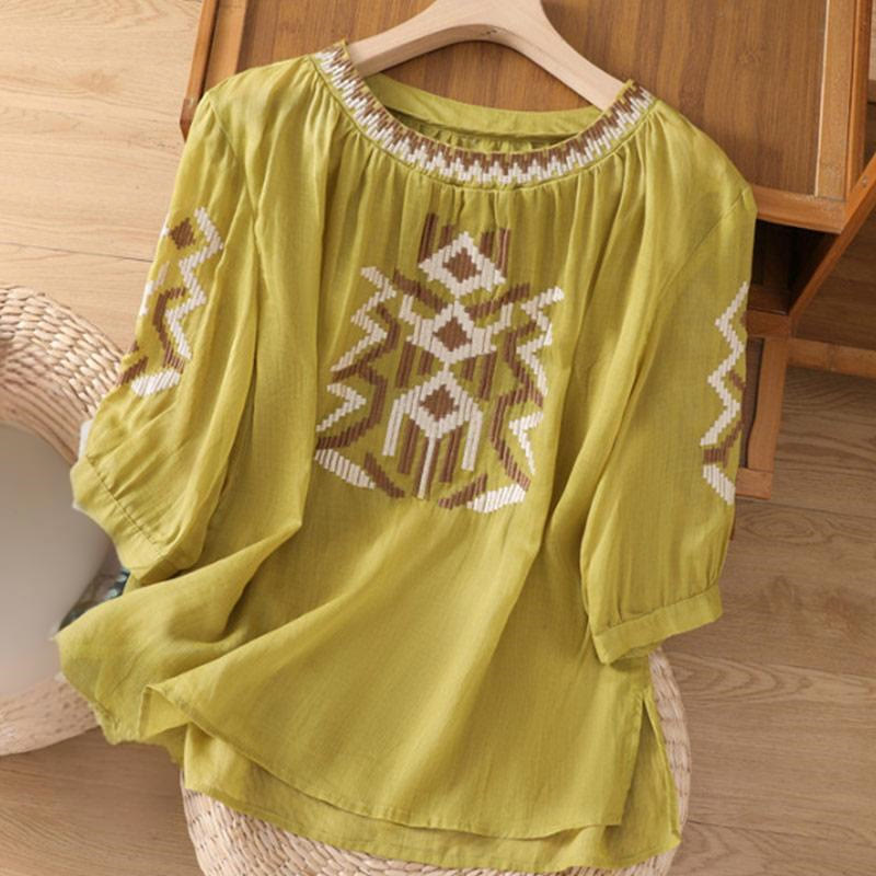 Camiseta informal de licra con bordado simétrico de Buddha Stones para mujer, cuello redondo, manga corta