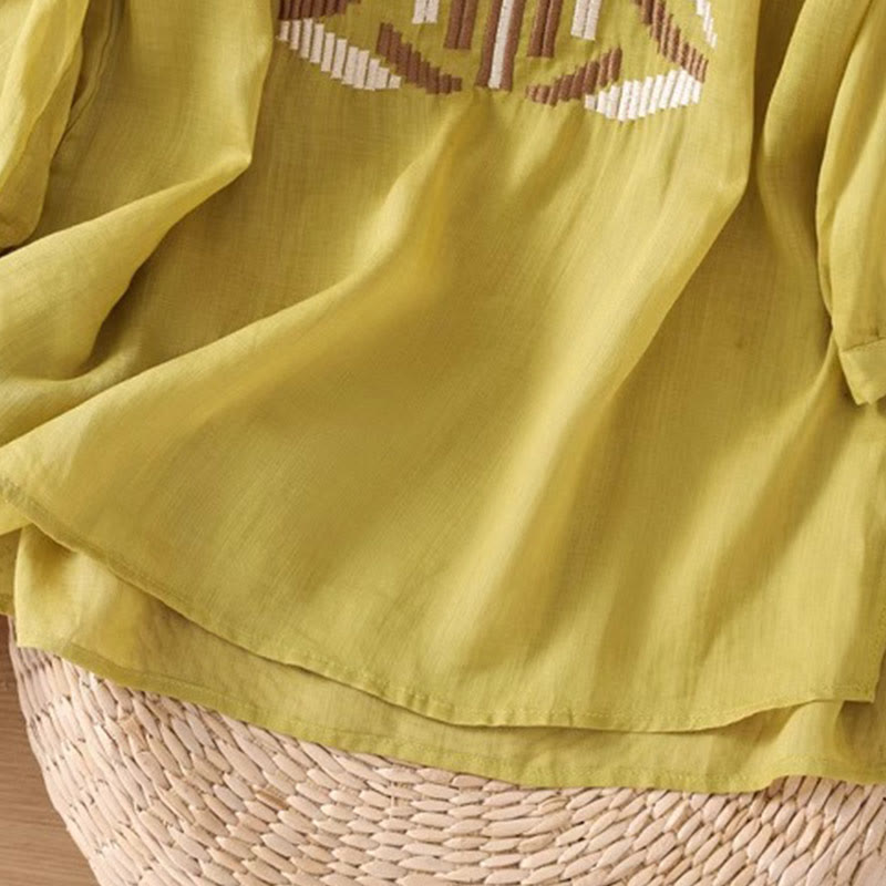 Camiseta informal de licra con bordado simétrico de Buddha Stones para mujer, cuello redondo, manga corta