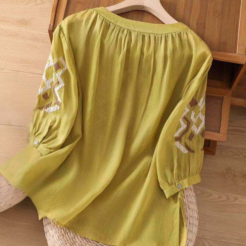 Camiseta informal de licra con bordado simétrico de Buddha Stones para mujer, cuello redondo, manga corta