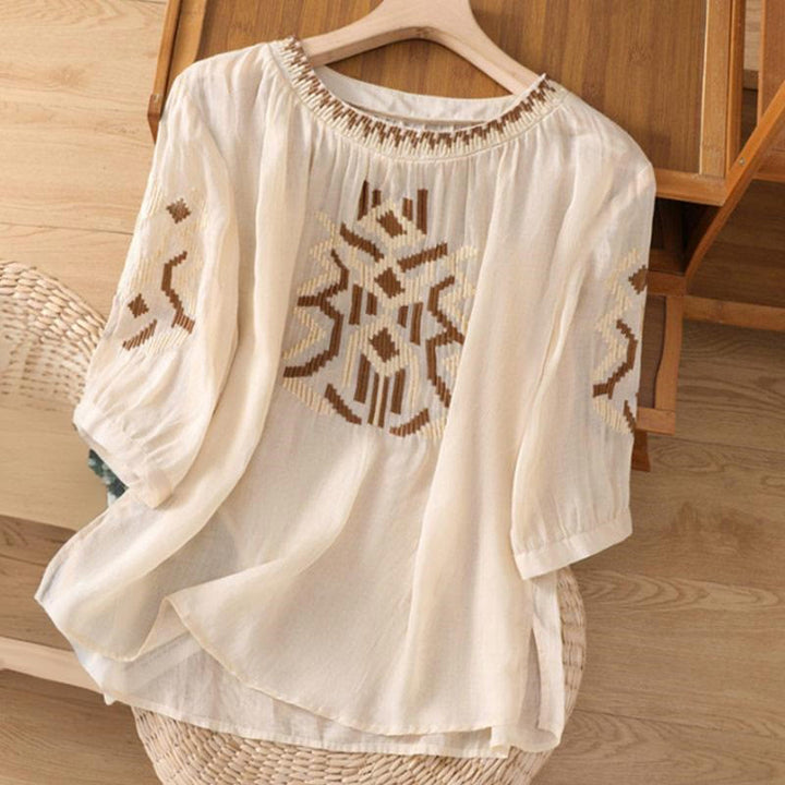 Camiseta informal de licra con bordado simétrico de Buddha Stones para mujer, cuello redondo, manga corta