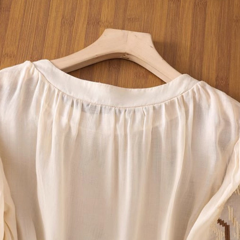 Camiseta informal de licra con bordado simétrico de Buddha Stones para mujer, cuello redondo, manga corta