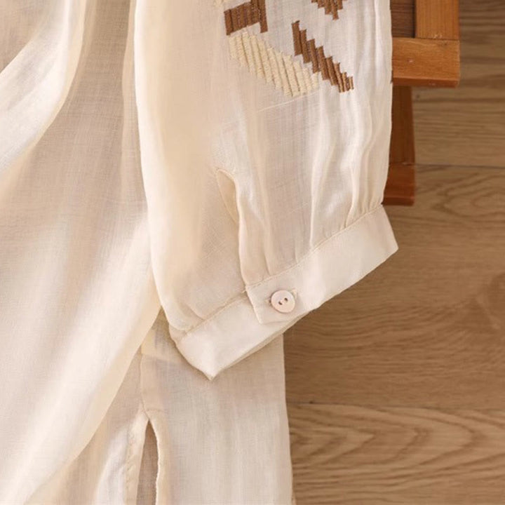 Camiseta informal de licra con bordado simétrico de Buddha Stones para mujer, cuello redondo, manga corta