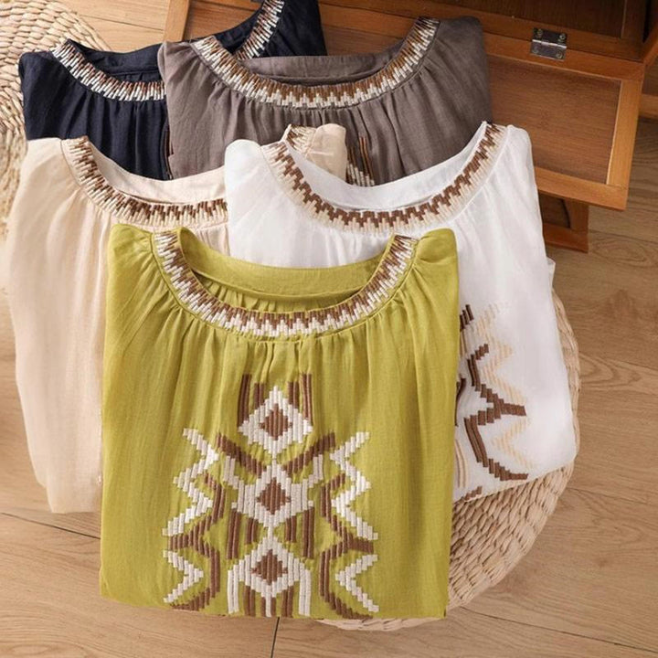 Camiseta informal de licra con bordado simétrico de Buddha Stones para mujer, cuello redondo, manga corta