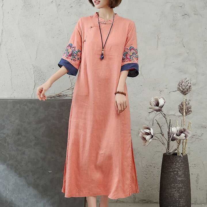 Vestido midi de algodón y lino para mujer, de media manga, con botones de rana y bordado de Buddha Stones - Salmón claro - US14, UK/AU18, EU46 (4XL) - image 0