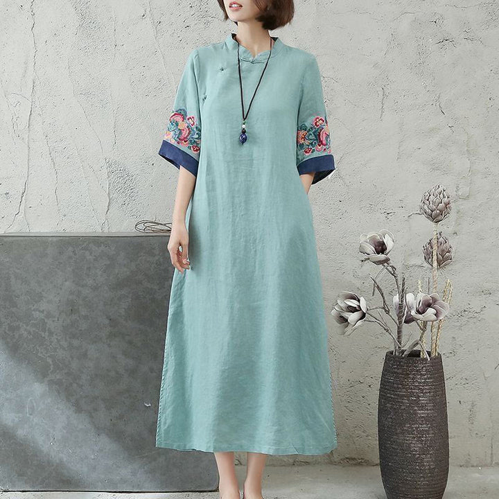 Vestido midi de algodón y lino para mujer, de media manga, con botones de rana y bordado de Buddha Stones - Turquesa medio - US14, UK/AU18, EU46 (4XL) - image 5