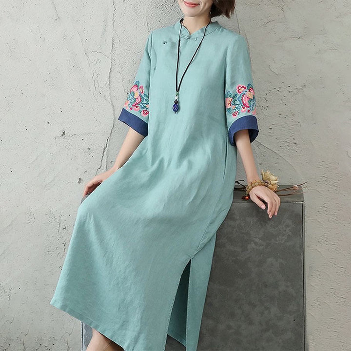 Vestido midi de algodón y lino para mujer, de media manga, con botones de rana y bordado de Buddha Stones - image 10