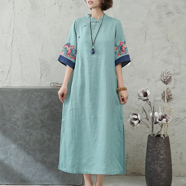 Vestido midi de algodón y lino para mujer, de media manga, con botones de rana y bordado de Buddha Stones - image 6
