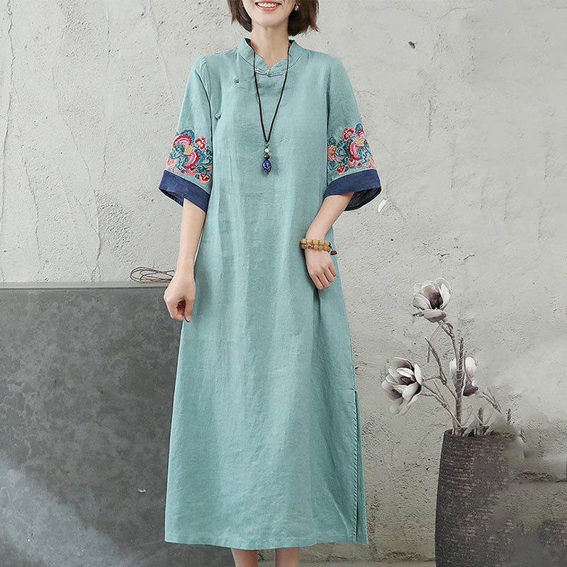 Vestido midi de algodón y lino para mujer, de media manga, con botones de rana y bordado de Buddha Stones - image 7