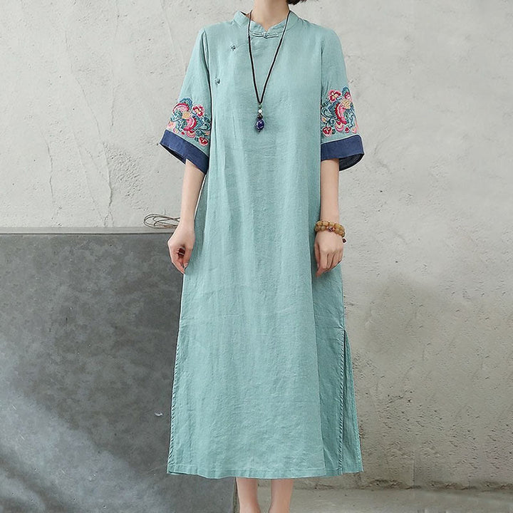 Vestido midi de algodón y lino para mujer, de media manga, con botones de rana y bordado de Buddha Stones - image 8