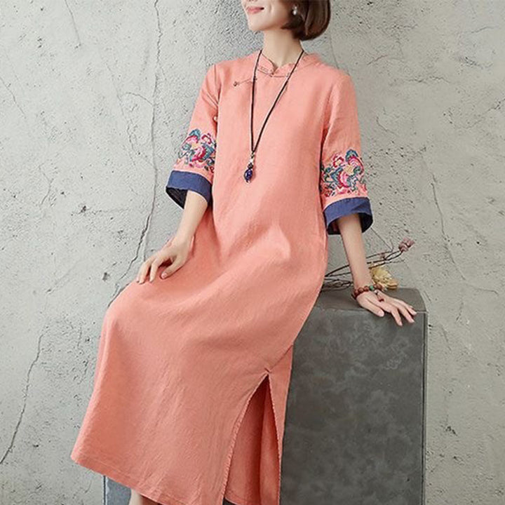 Vestido midi de algodón y lino para mujer, de media manga, con botones de rana y bordado de Buddha Stones - image 4