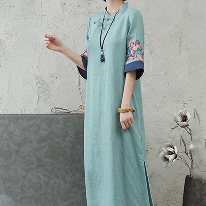 Vestido midi de algodón y lino para mujer, de media manga, con botones de rana y bordado de Buddha Stones - image 9