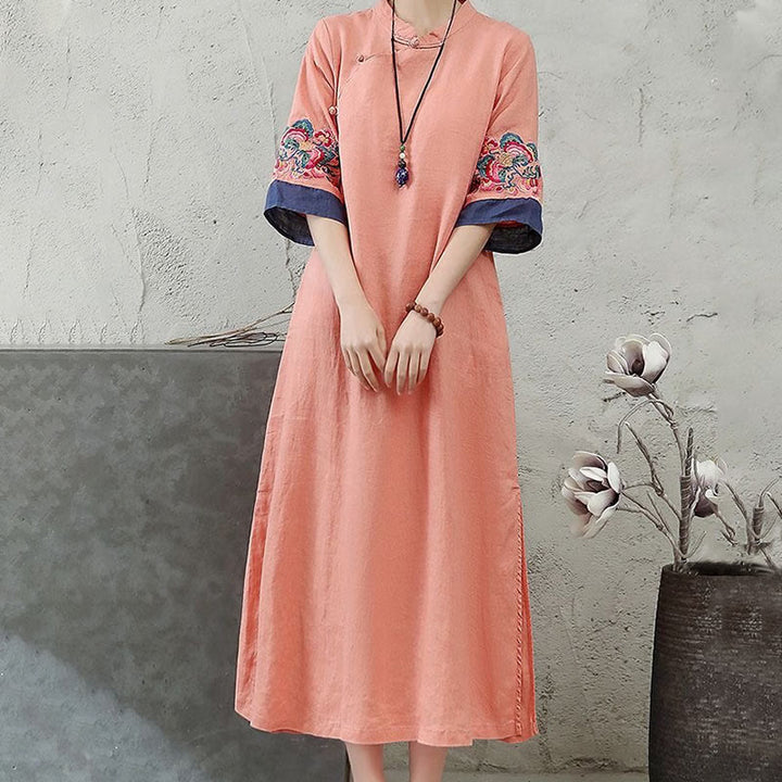 Vestido midi de algodón y lino para mujer, de media manga, con botones de rana y bordado de Buddha Stones - image 2