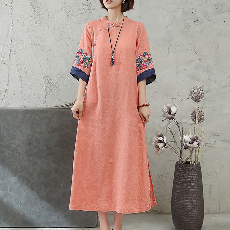 Vestido midi de algodón y lino para mujer, de media manga, con botones de rana y bordado de Buddha Stones - image 1