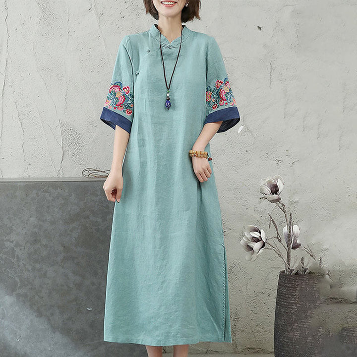 Vestido midi de algodón y lino para mujer, de media manga, con botones de rana y bordado de Buddha Stones - image 7