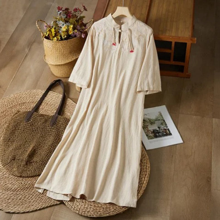 Vestido midi de algodón y lino para mujer, de cintura alta, con media manga y botones de rana y bordado vintage de Buddha Stones - Beige - US16, UK/AU20, EU48 (5XL) - image 6