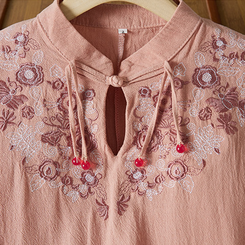 Vestido midi de algodón y lino para mujer, de cintura alta, con media manga y botones de rana y bordado vintage de Buddha Stones - image 14