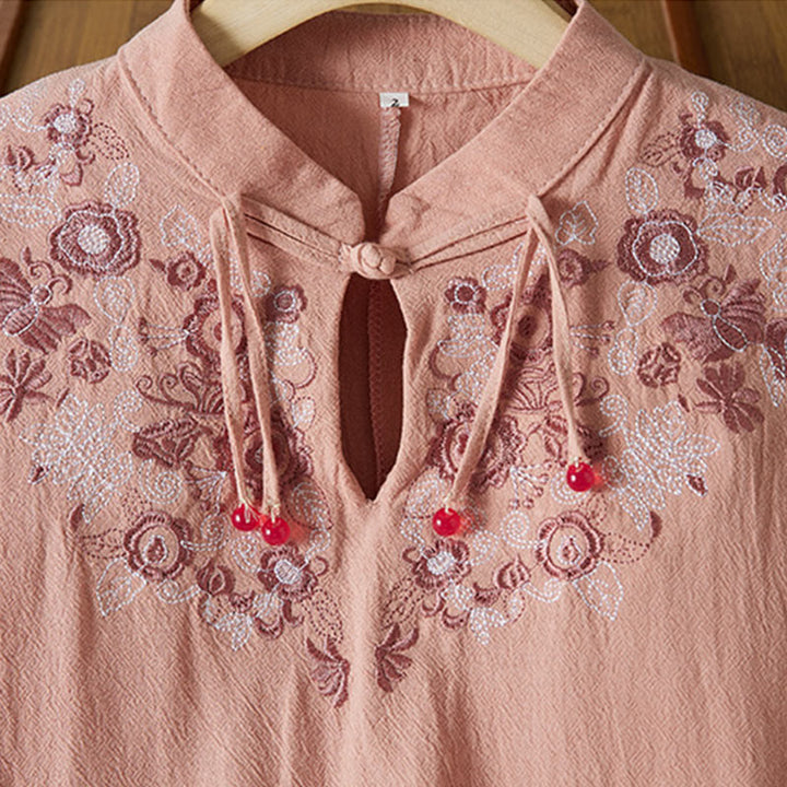 Vestido midi de algodón y lino para mujer, de cintura alta, con media manga y botones de rana y bordado vintage de Buddha Stones - image 14