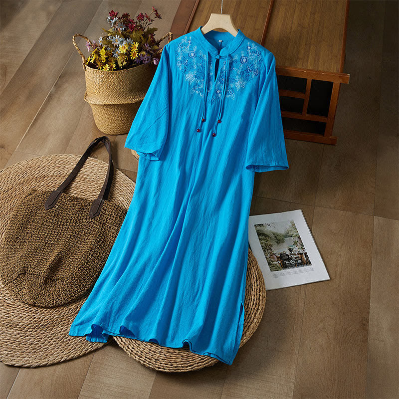 Vestido midi de algodón y lino para mujer, de cintura alta, con media manga y botones de rana y bordado vintage de Buddha Stones - DodgerBlue - US16, UK/AU20, EU48 (5XL) - image 18