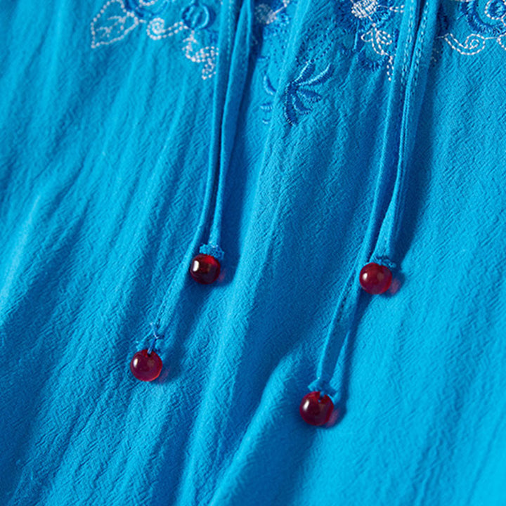 Vestido midi de algodón y lino para mujer, de cintura alta, con media manga y botones de rana y bordado vintage de Buddha Stones - image 21