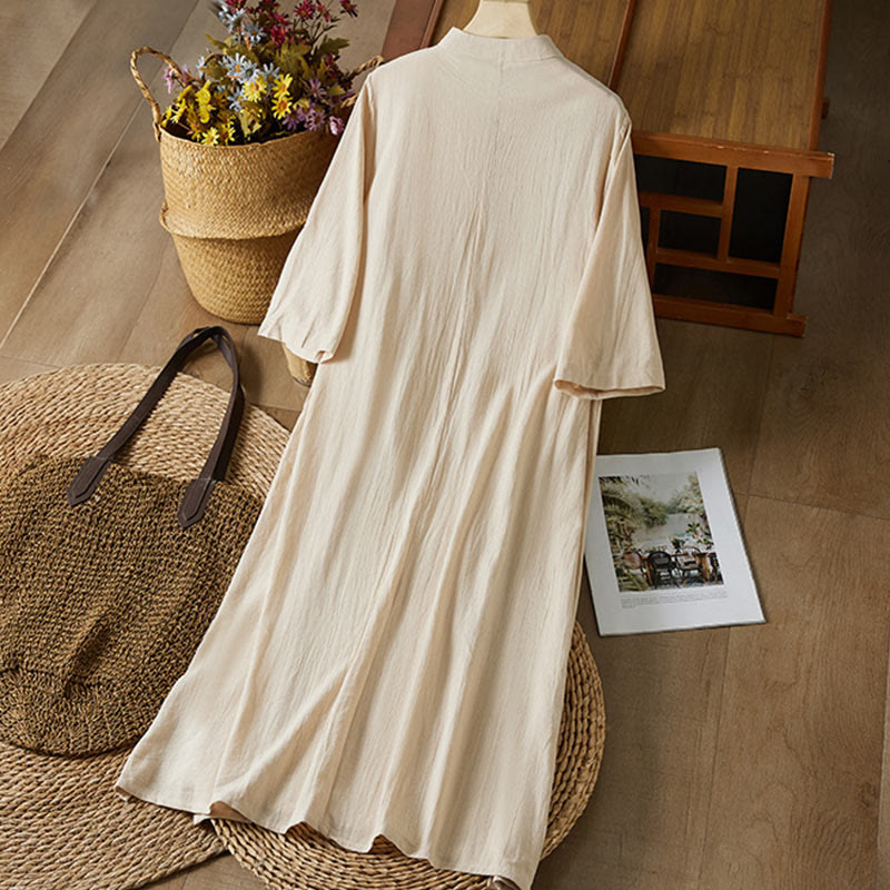Vestido midi de algodón y lino para mujer, de cintura alta, con media manga y botones de rana y bordado vintage de Buddha Stones - image 7