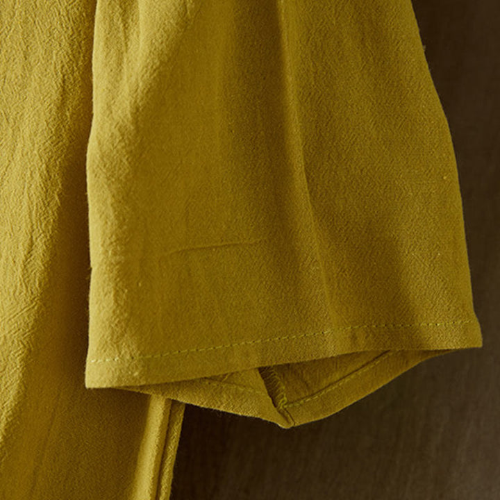 Vestido midi de algodón y lino para mujer, de cintura alta, con media manga y botones de rana y bordado vintage de Buddha Stones - image 3