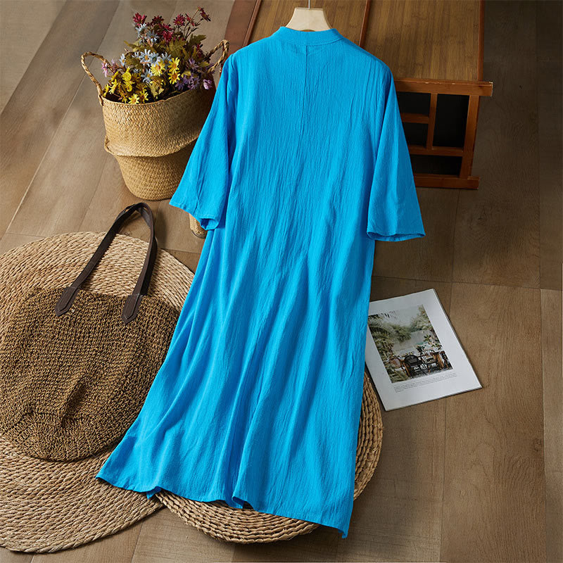 Vestido midi de algodón y lino para mujer, de cintura alta, con media manga y botones de rana y bordado vintage de Buddha Stones - image 19