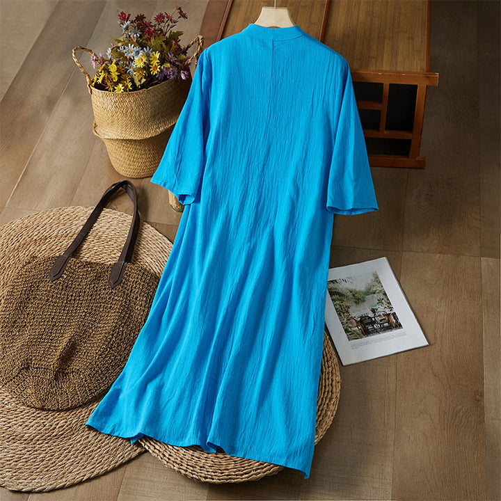 Vestido midi de algodón y lino para mujer, de cintura alta, con media manga y botones de rana y bordado vintage de Buddha Stones - image 19