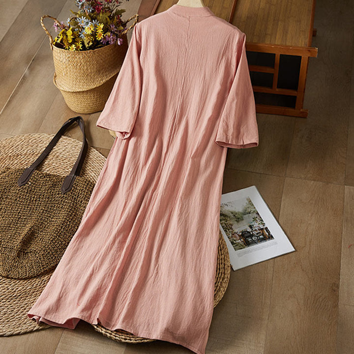 Vestido midi de algodón y lino para mujer, de cintura alta, con media manga y botones de rana y bordado vintage de Buddha Stones - image 13